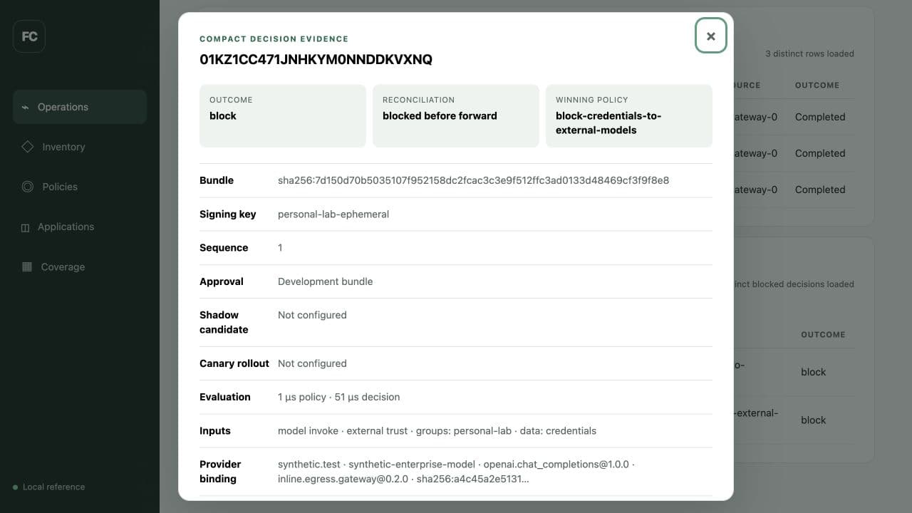 Fogcutter compact decision evidence showing a request blocked before forwarding