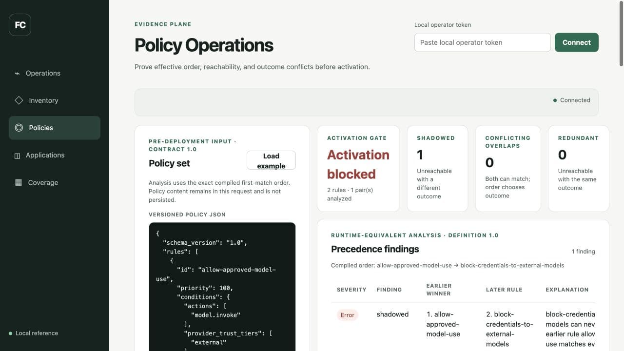 Fogcutter policy operations console showing activation blocked by a shadowed rule